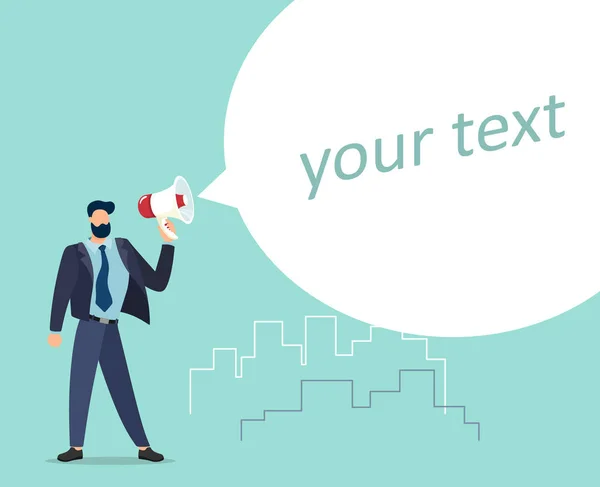 Botschaft Ein Geschäftsmann Kommuniziert Über Ein Megafon Mit Einem Textführer — Stockvektor