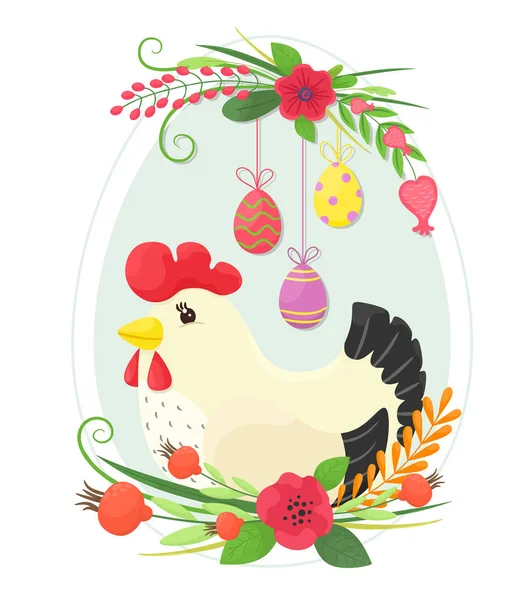 Frohe Ostern Osterhuhn Mit Dekor Aus Kräutern Und Eiern Vektorillustration — Stockvektor