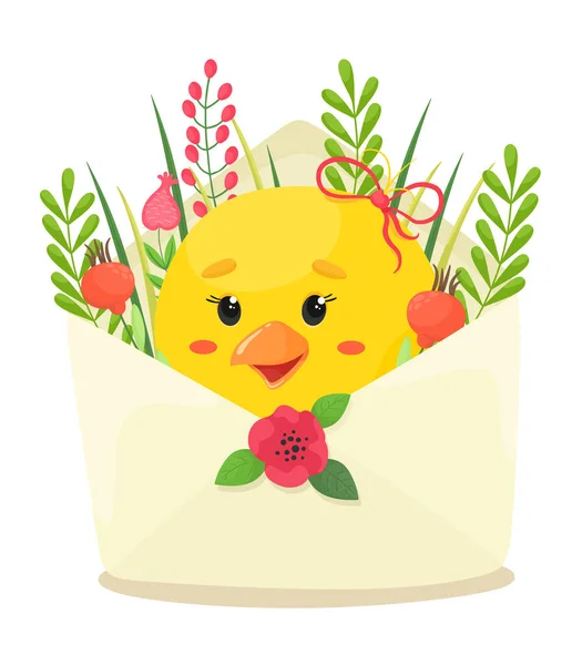 Mignon Poulet Dans Une Enveloppe Avec Des Herbes Happy Easter — Image vectorielle