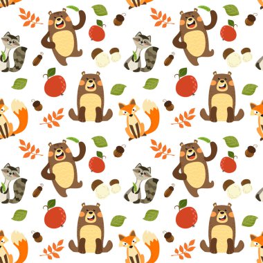 Şirin orman hayvanlarıyla kusursuz bir düzen. Vektör deseni.