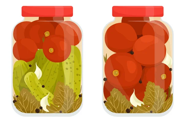 Tomato Pickles Cucumbers Jars Canned Vegetables Vector Isolates Realistic Style — Stock vektor