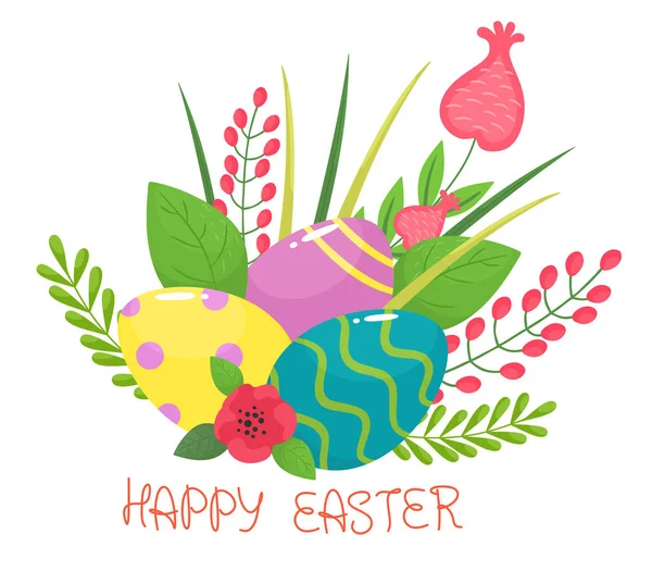 Frohe Ostern Ostereier Mit Gras Und Blumendekor Vektorisolation Cartoon Stil — Stockvektor