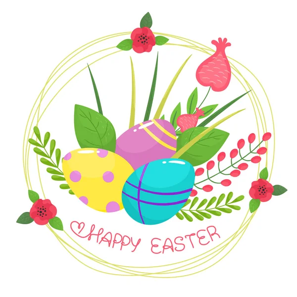 Frohe Ostern Osterkranz Mit Blumen Eiern Und Grasdekor Vektorillustration Cartoon — Stockvektor