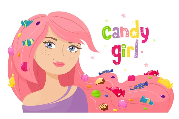 Candy Girl Doces Menina Bonita Com Doces Seu Cabelo Ilustração — Vetor de Stock