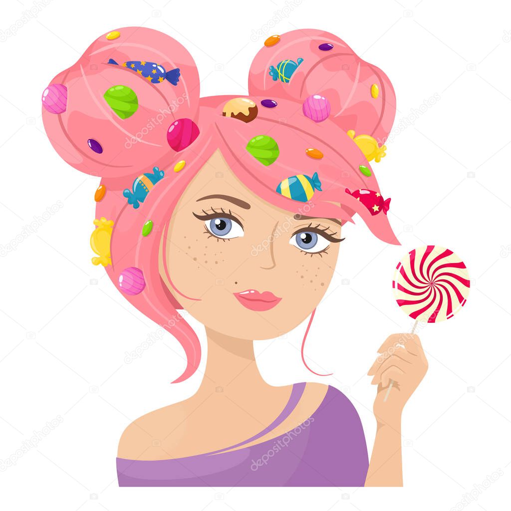 Sweet and beautiful girl with candy in hand and sweets in her hair. Vector illustration in cartoon style.