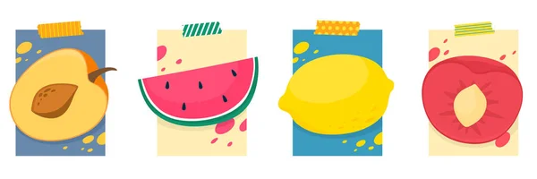 Conjunto Vectorial Brillantes Tarjetas Verano Con Frutas Tarjetas Revista Hermosos — Vector de stock