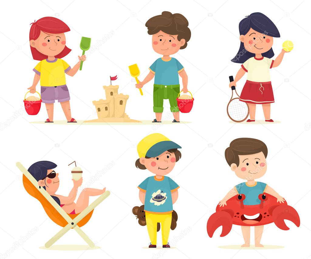 Set of cute playing kids. Tennis, sand, toys, beach. Cartoon vector characters. Summer.