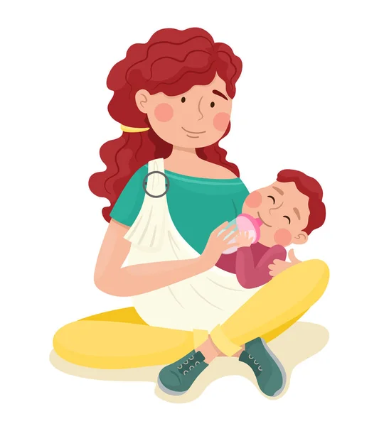Μαμά Ταΐζει Μωρό Από Μπουκάλι Σφεντόνα Εικονογράφηση Διανύσματος Ημέρα Μητέρων — Διανυσματικό Αρχείο