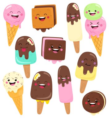 Yazlık tatlı ve komik dondurmalar. Çizgi film düz stiliyle vektör izole eder.