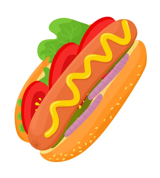 Hot Dog Con Tomates Cebollas Pepinos Mostaza Ilustración Vectorial Estilo — Vector de stock
