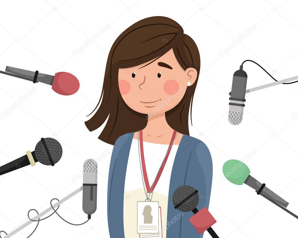 A young girl surrounded by microphones gives an interview. Opening and presentation of a new, public interiorview or television channel. Vector illustration in cartoon flat style.