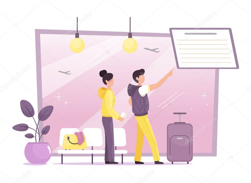 Young couple at the airport watching their flight. Travel. The airport. Vector illustration in cartoon flat style.