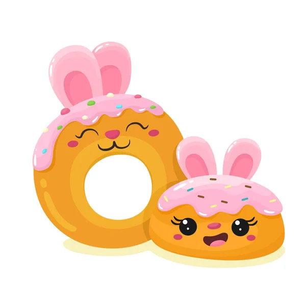 可爱的蛋糕和甜甜圈兔 卡通人物造型扁平 — 图库矢量图片