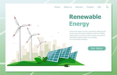 Güneşten ve rüzgar türbinlerinden gelen yenilenebilir enerji kavramı. Yeşil enerji kaynaklarının iniş sayfası. Düz bir şekilde vektör illüstrasyonu.