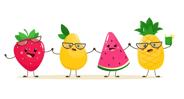 Χαριτωμένα Καλοκαιρινά Φρούτα Μάνγκο Ανανά Καρπούζι Και Φράουλες Εικονογράφηση Διάνυσμα — Διανυσματικό Αρχείο