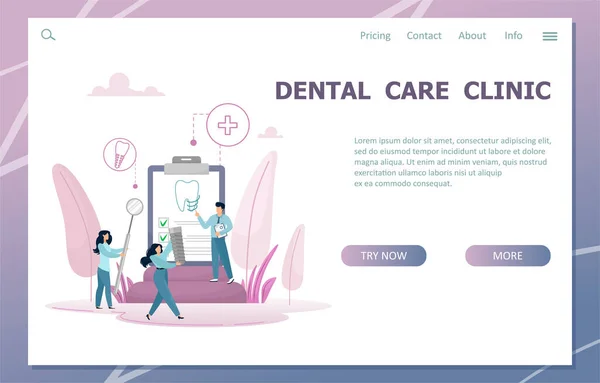 Página Aterrizaje Cuidado Dental Concepto Cartel Odontología Plantilla Pancarta Terapeuta — Archivo Imágenes Vectoriales