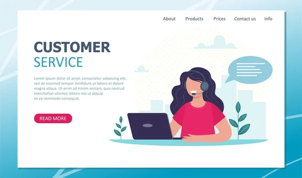 Customer Service Landing Page Konzept Mädchen Mit Kopfhörer Mikrofon Und — Stockvektor