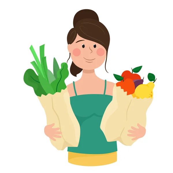 Kızın Elinde Salata Meyve Paketleri Var Çizgi Film Tarzında Vektör — Stok Vektör