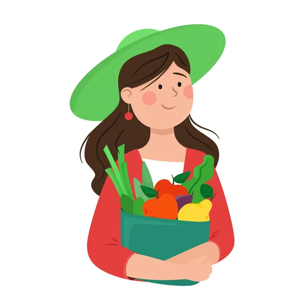 Chica Agrónoma Sostiene Paquete Con Ensaladas Frutas Ilustración Vectorial Estilo — Vector de stock