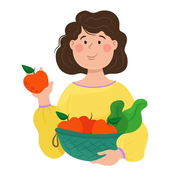 Chica Tiene Frutas Ensalada Una Canasta Ilustración Vectorial Estilo Plano — Vector de stock
