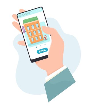 İnternetten otel rezervasyonu, akıllı telefon. Otel rezervasyonu, online rezervasyon. Düz biçimli vektör kavramı.