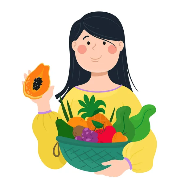 Chica Sostiene Frutas Una Canasta Ilustración Vectorial Estilo Plano Dibujos — Vector de stock