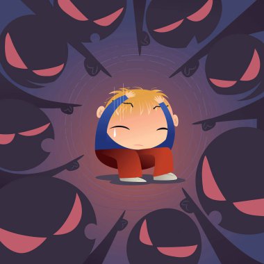 Concept illustration of a scared little boy is being bullied by a group of people clipart