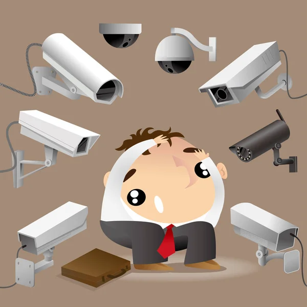 Homem Cercado Por Câmeras Vigilância Sente Preocupado —  Vetores de Stock