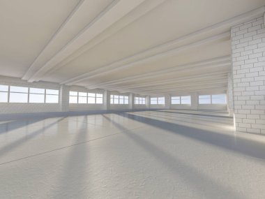 Windows ile güneşli büyük açık alan. 3D render.