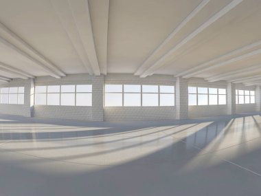 Windows ile güneşli büyük açık alan. 3D render.