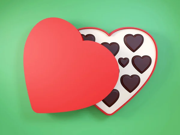 Σε σχήμα καρδιάς, δώρο κουτί με σοκολάτες. 3D rendering. — Φωτογραφία Αρχείου