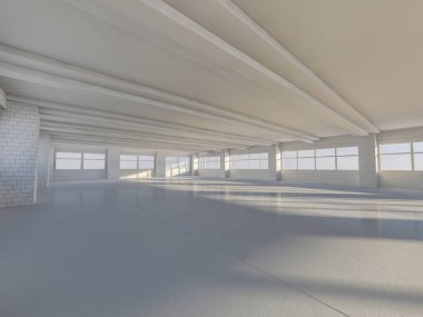 Windows ile güneşli büyük açık alan. 3D render.