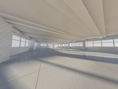Windows ile güneşli büyük açık alan. 3D render.
