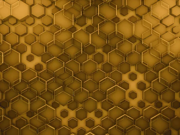 Hexágono vidro abstrato fundo de ouro. Renderização 3D — Fotografia de Stock