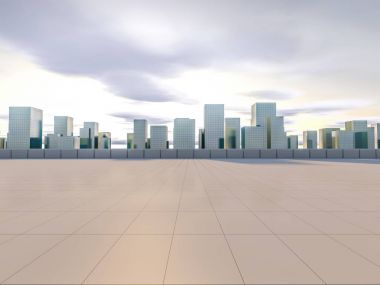 Panoramik manzarası ve Binalar boş kare zemin ile. 3D parçalamak