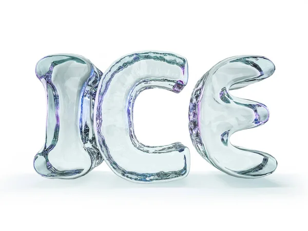 Palavra ICE feita de letras de gelo sobre fundo branco. Renderização 3d — Fotografia de Stock