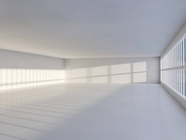 Windows ile güneşli büyük açık alan. 3D render.