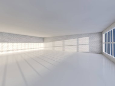 Windows ile güneşli büyük açık alan. 3D render.