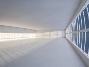 Windows ile güneşli büyük açık alan. 3D render.
