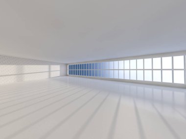 Windows ile güneşli büyük açık alan. 3D render.