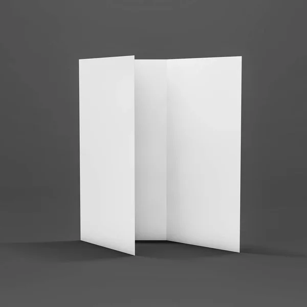 Leere Attrappe dreifacher Flyer auf dunklem Hintergrund. 3D-Darstellung — Stockfoto