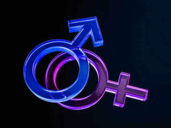 Símbolos de gênero de homem e mulher sobre fundo preto. Renderização 3D — Fotografia de Stock