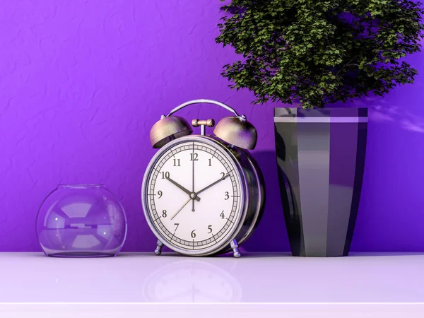 Reloj despertador en una mesa con una planta. Renderizado 3D —  Fotos de Stock