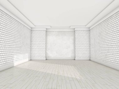 Parke ile beyaz boş oda. 3D render