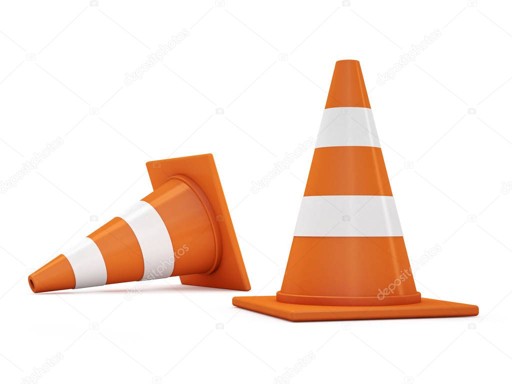 Orange road cones with stripes. 3D rendering