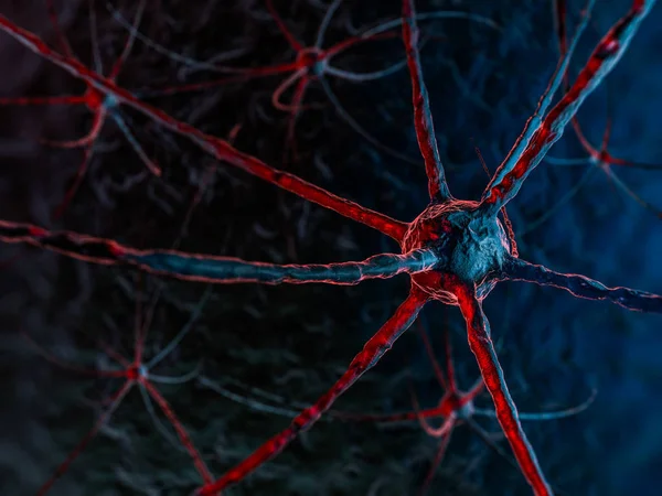 Νευρωνικό δίκτυο σε σκούρο μπλε φόντο. 3D rendering — Φωτογραφία Αρχείου