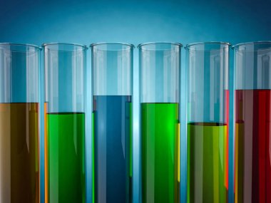 Renk arka plan üzerinde sıvı ile kimya şişeler. 3D render