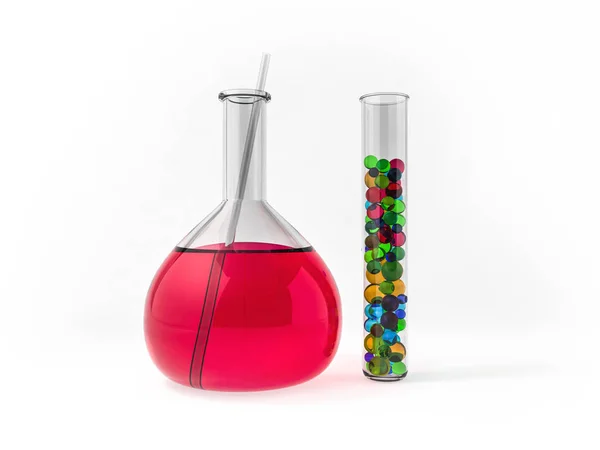 Palloni di chimica con liquido su sfondo a colori. Rendering 3D — Foto Stock