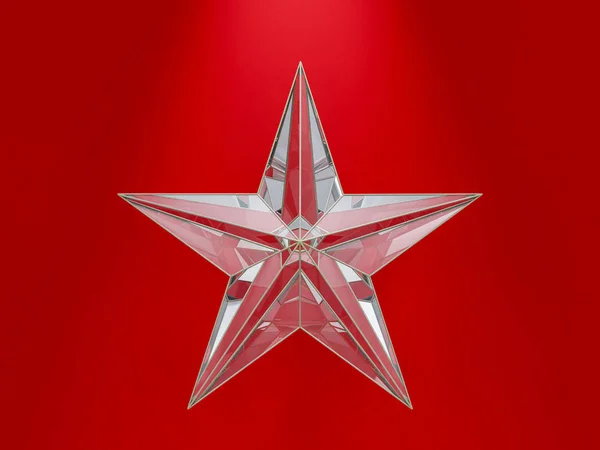 Estrella de Navidad de cristal aislada sobre fondo rojo. Renderizado 3D — Foto de Stock