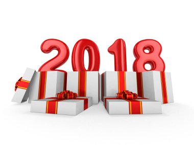 Hediye kutusu mevcut kırmızı şerit yay ile ve şişme rakamları ile